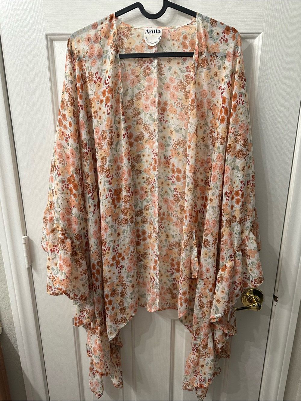 ARULA Kimono Floral Tunic Length Flowy Sleeves Coral Rust Cream Green NWT 1X